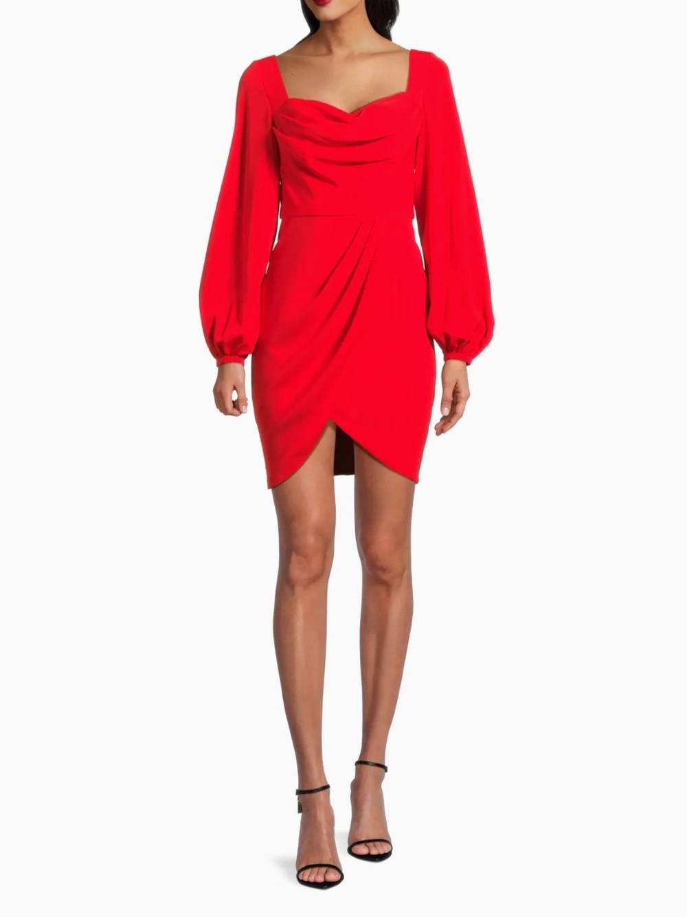 Black Halo Red Draped Long-Sleeve Mini Dress